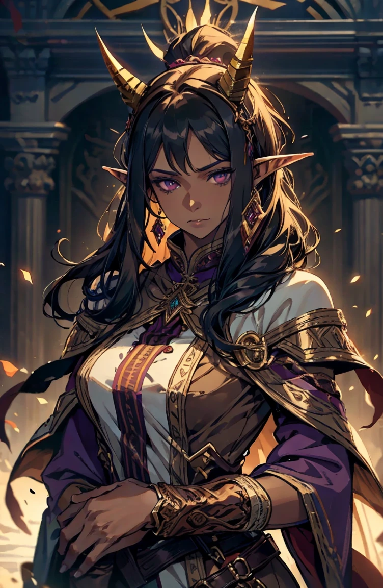 brown skin, older woman, sexy, tall, brown skin, one wing, black hair, elf, elf ears, horns, dark clothing, purple clothing