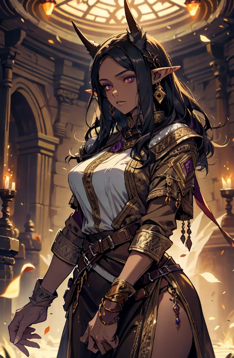 brown skin, older woman, sexy, tall, brown skin, one wing, black hair, elf, elf ears, horns, dark clothing, purple clothing