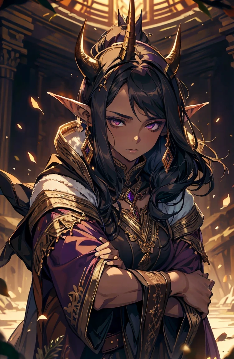 brown skin, older woman, sexy, tall, brown skin, one wing, black hair, elf, elf ears, horns, dark clothing, purple clothing