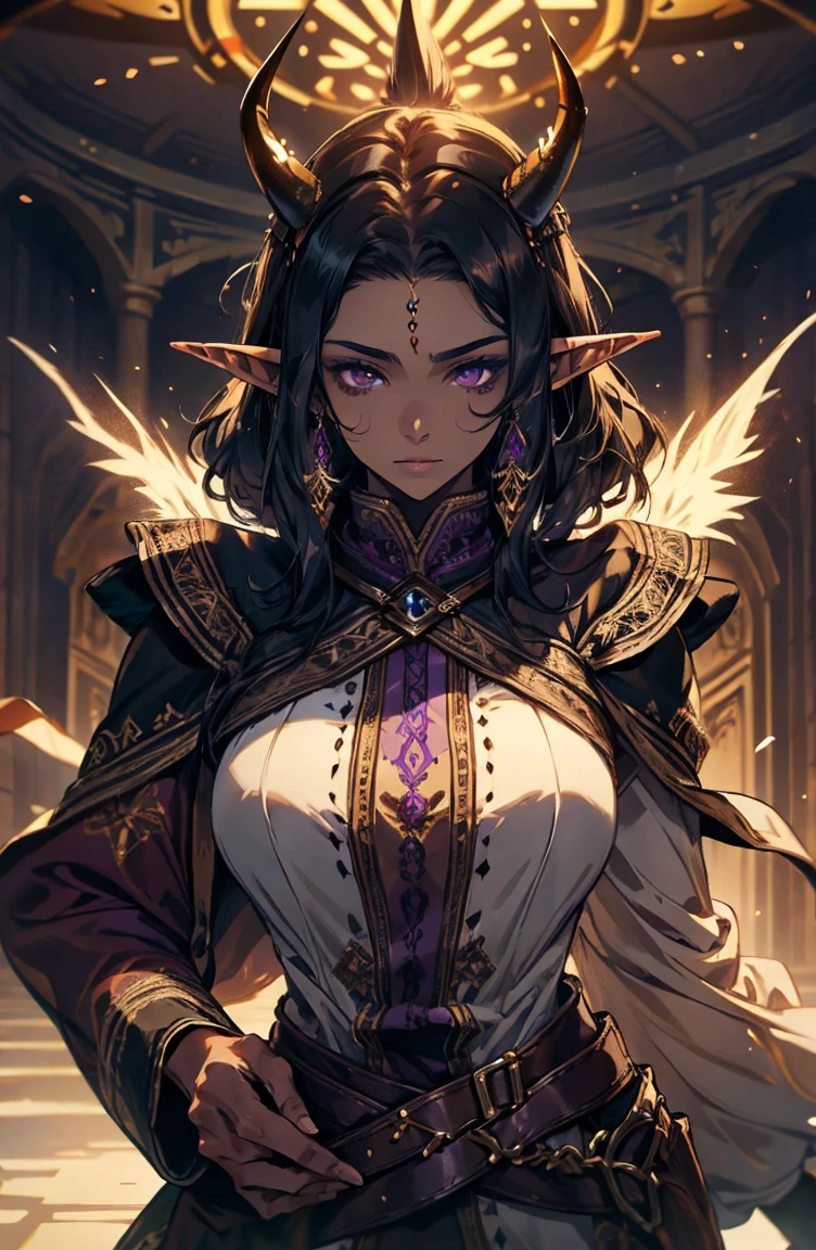 brown skin, older woman, sexy, tall, brown skin, one wing, black hair, elf, elf ears, horns, dark clothing, purple clothing