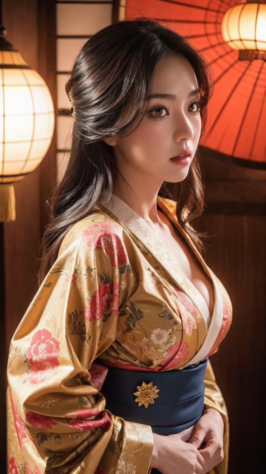 big breasted japanese woman in elaborate kimono, ornate shrine, cinematic atmosphere, (best quality,4k,8k,highres,masterpiece:1.2),ultra-detailed,(realistic,photorealistic,photo-realistic:1.37),(looking at viewer),highly detailed face,beautiful detailed eyes,beautiful detailed lips,extremely detailed eyes and face,long eyelashes,intricate kimono design,ornate shrine background,warm lighting,dramatic shadows,vibrant colors,photorealistic