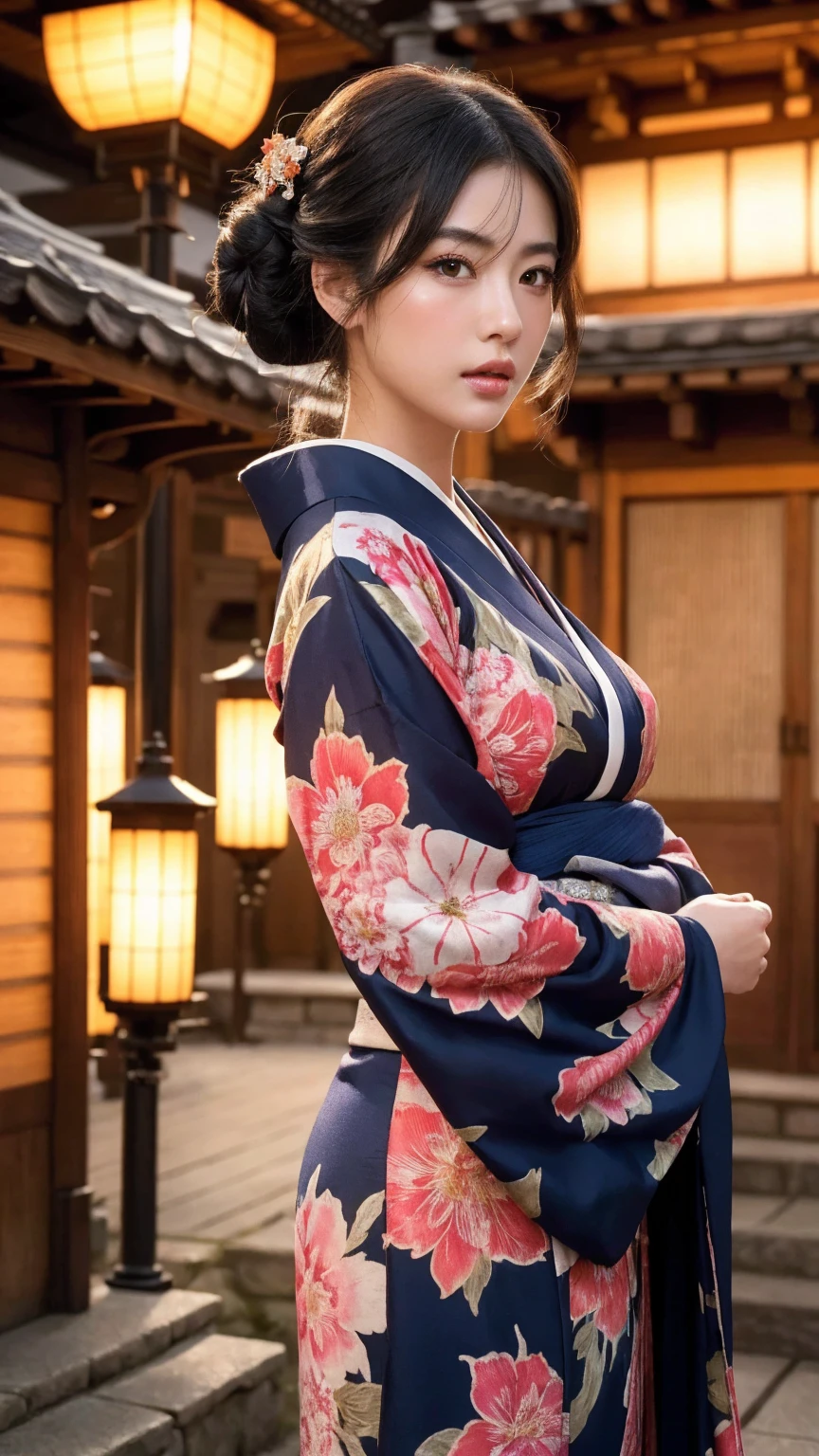 big breasted japanese woman in elaborate kimono, ornate shrine, cinematic atmosphere, (best quality,4k,8k,highres,masterpiece:1.2),ultra-detailed,(realistic,photorealistic,photo-realistic:1.37),(looking at viewer),highly detailed face,beautiful detailed eyes,beautiful detailed lips,extremely detailed eyes and face,long eyelashes,intricate kimono design,ornate shrine background,warm lighting,dramatic shadows,vibrant colors,photorealistic