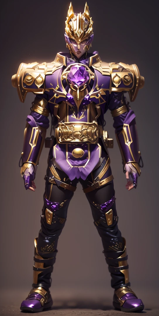 The overall color is a mixture of gold and purple,There are many gorgeous carvings all over the body,Let them coexist,This can also be done around the eyes. The entire surface should be transparent purple and gold,There are no other colors.,Does not contain any other colors.,Amethyst and gold are both crystals,There should be a lot of crystal effects like crystal,Add some gold thread for decoration。The color changes to purple and gold,Some purple and gold(Ensure its layering and armor texture,Purple is the main color,Add some gold for decoration)