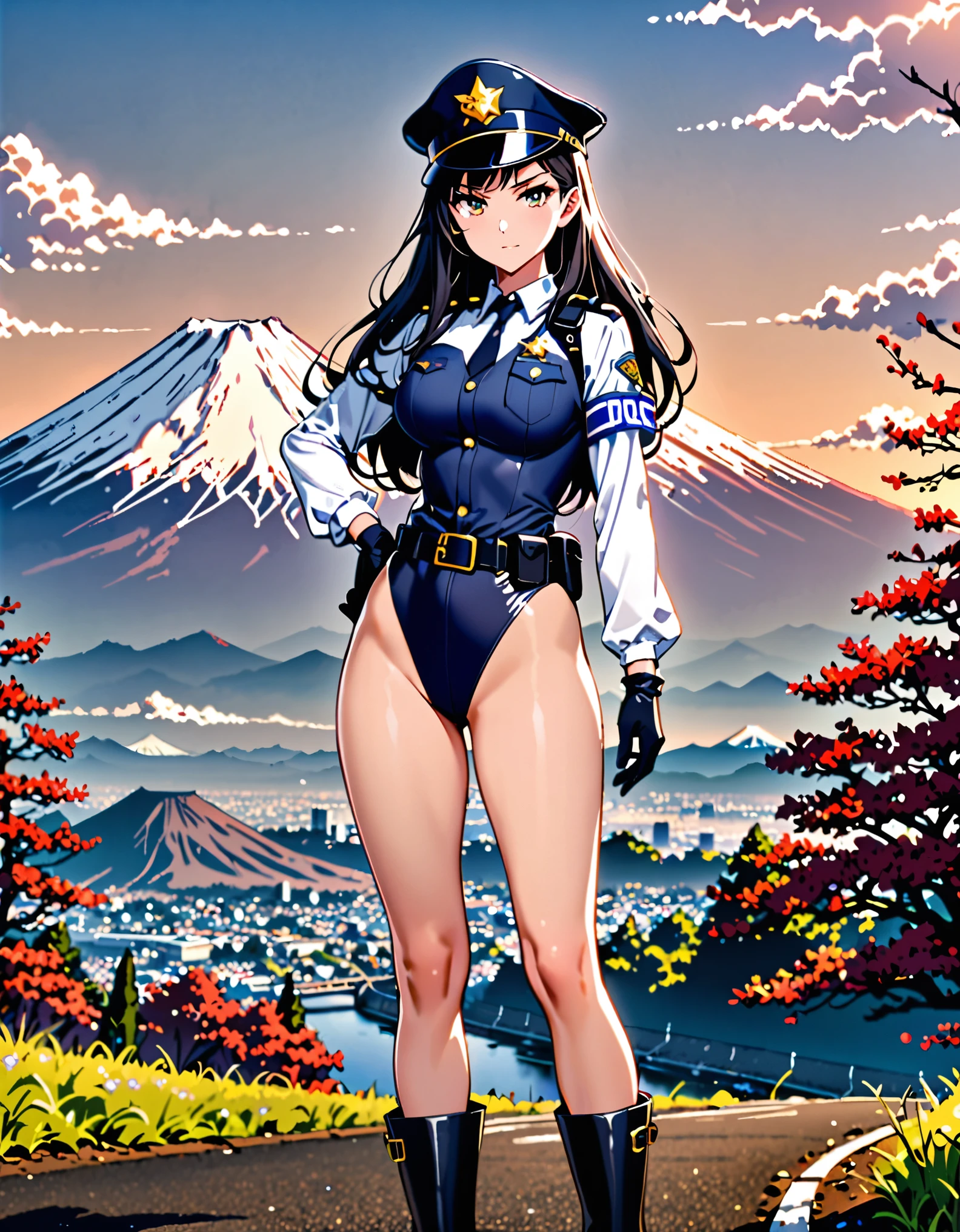 (masterpiece), (best quality), (high res),1girl, tall body, ((long hair, jet black hair)), (hazel eyes) beautiful detailed eyes, beautiful detailed face, cute face, perfect hands, complete fingers, perfect anatomy, perfect proportions, ((hat, black police hat)), ((leotard, matching leotard, bare legs)), ((boots, matching boots)), breasts, medium breasts, fingerless gloves, (full body portrait), looking at viewer, solo, solo focus, standing, police uniform, cowboy shot, mount fuji backdrop, outdoors, (belt, tight belt), (armbands, white sleeves), one hand on hip, serious, full body costume design.