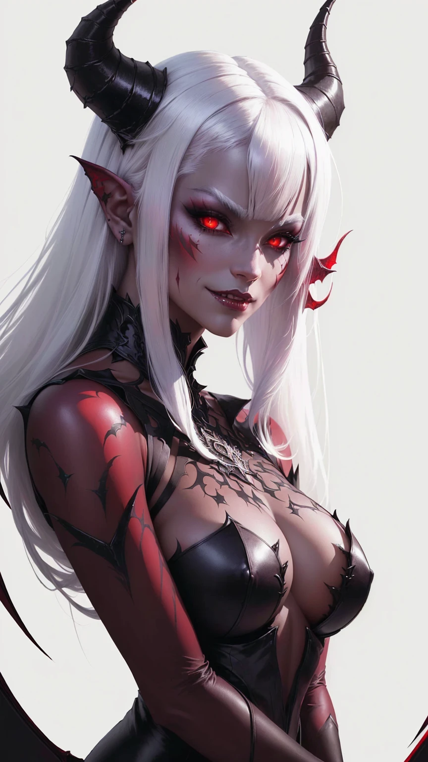 a demon with horns and white hair is posing for a picture, succubus, red demonic skin, Nectrotic skin, Red skin, female demon, hyperdetailed fantasy character, dark demon succubus, portrait of an demon queen, demon princess, of an elden ring demon, demon character with smirk, demon, demon queen, complex fantasy character, portrait of demon royalty