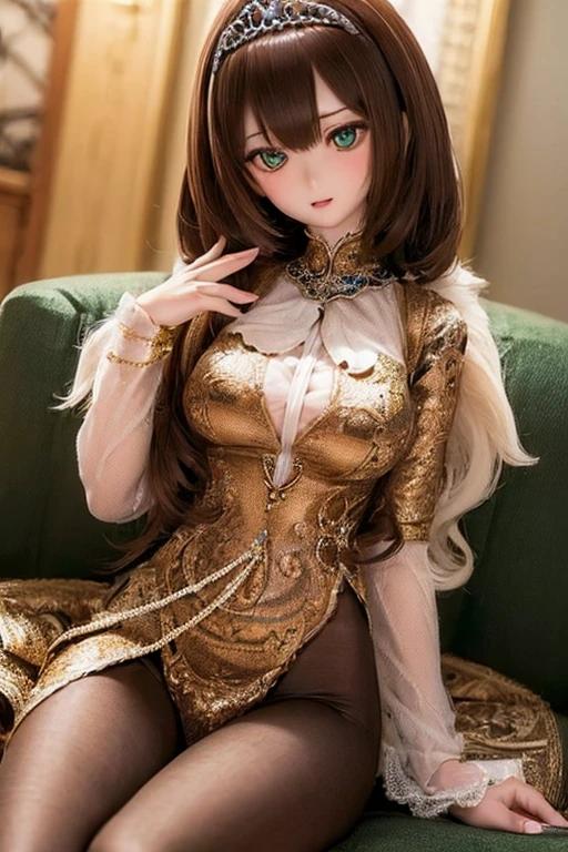 (SFW:2), photorealistic, realistic photo, ((highest quality)), ((masterpiece)), (extremely detailed), kukolnydom, doll, (mature woman:1.6), solo, ((cowboy shot, sitting on sofa, reclining on sofa, skinny, slender, slim, brown hair, parted lips)), detailed face, green eyes, (looking down:1.3), (eyes out of focus, emotionless eyes, blank stare, empty eyes, detailed eyes, detailed face), princess dress, tiara, castle, 8k