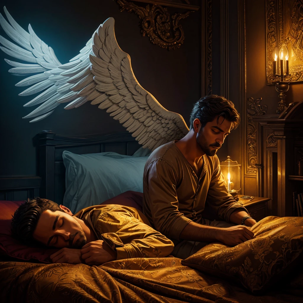 a man sleeping in his bed, an angel watching over him, night, highly detailed, realistic textures, hyper detailed, vibrant colors, cinematic lighting, photorealistic, 8k, award-winning digital art, oil painting, chiaroscuro, dramatic shadows