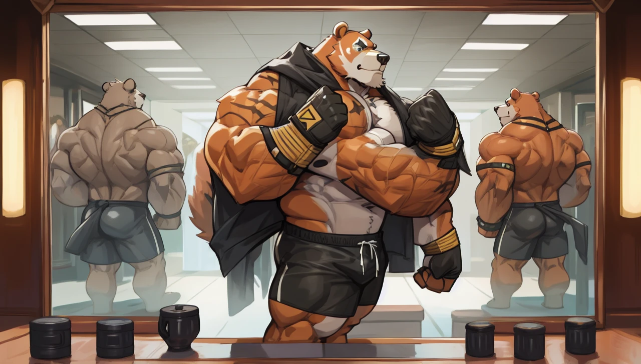 Huge muscular thick Bear bodybuilder shirtless in black gym shorts and wristbands flexing and posing at the mirror looking at his muscles pumped.