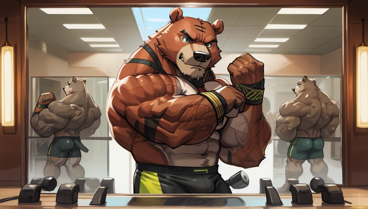 Huge muscular thick Bear bodybuilder shirtless in black gym shorts and wristbands flexing and posing at the mirror looking at his muscles pumped.
