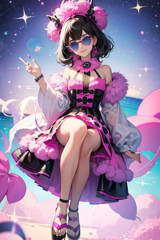 Dollmatian is a girl dalmatian with black hair. She has blue eyes and black sunglasses with pink lens. She has magenta sandals with pom-poms and fuchsia fluffy shawl. SPARKLE; GLITTER