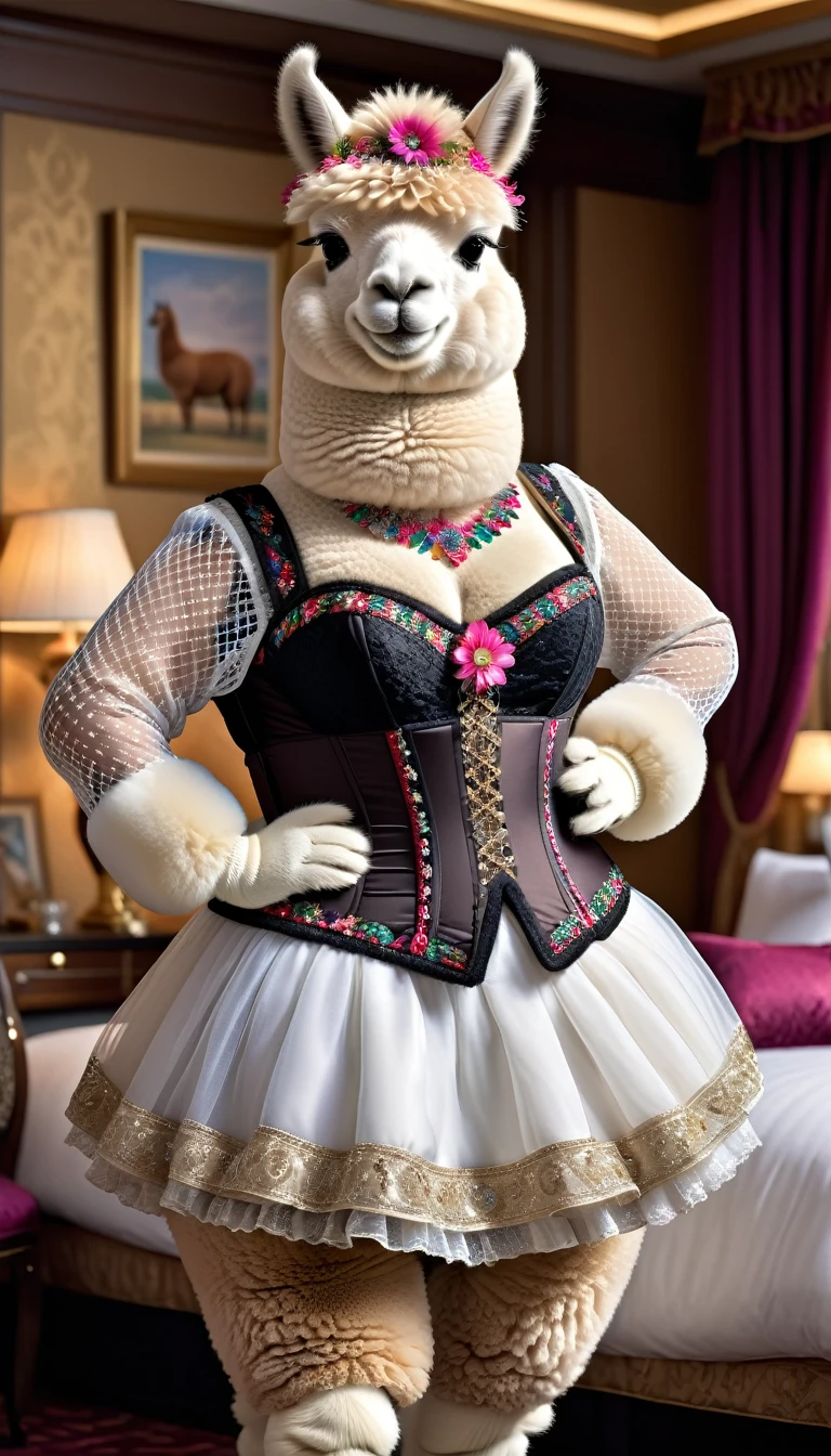 photorealistic portrait of Dressed animals - a (fat) ((alpaca)) dancer,(furry), (elegant pose:1.5), (hands on hips:1.5),(smile:1.5),high quality,(happy),(lovely) ,intricate details, Wearing bustier, (), highly detailed ((bustier)) ,highly detailed decorations of clothes, Fishnet panty horse , (happy), soft lighting,(full body image:1.5),luxury hotel room background,(high heels),