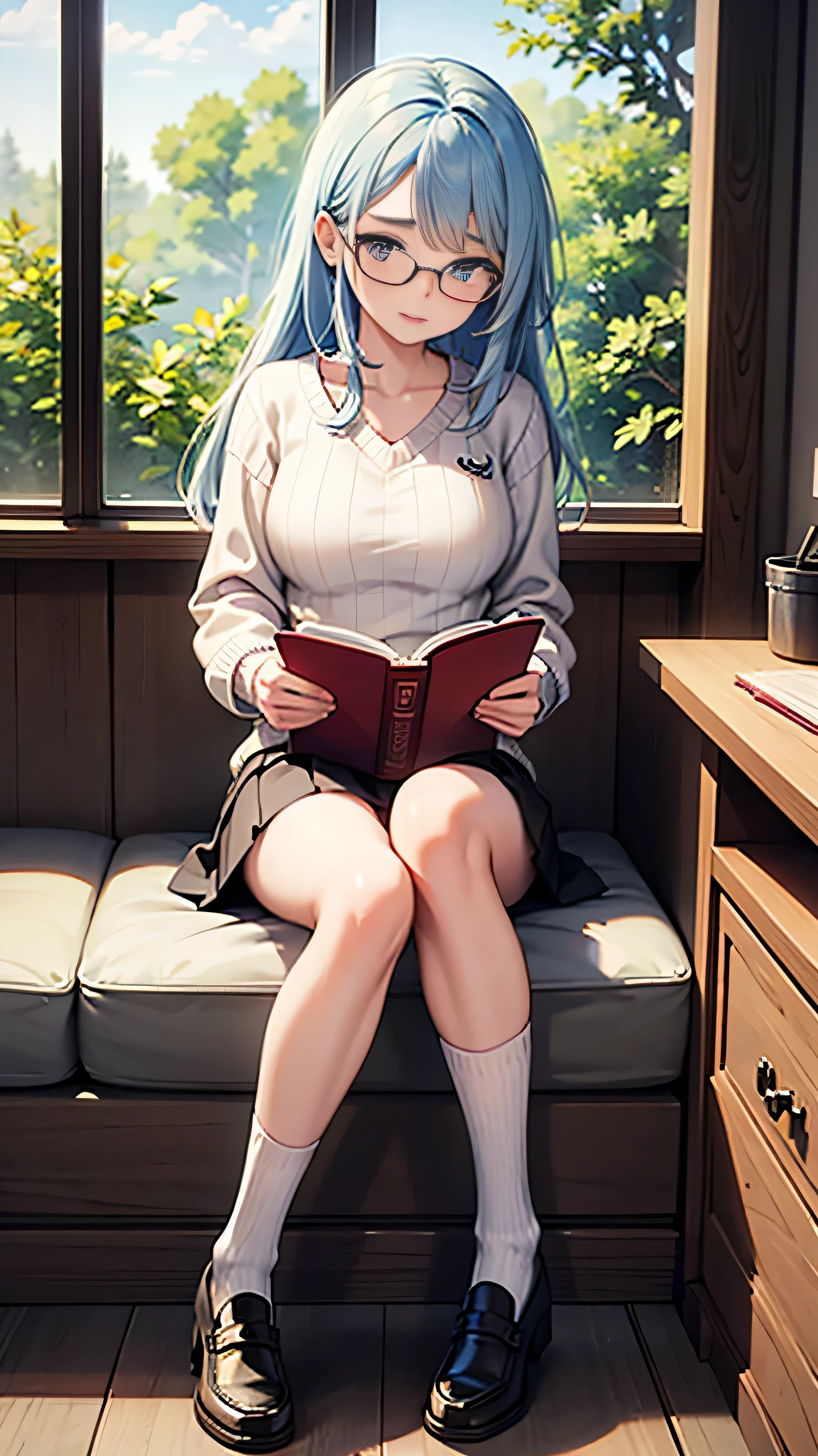 Create an anime-style illustration of a -yeld ginamed Shizuka. She has long, straight, blue hair with bangs cut straight across her forehead. She has large, almond-shaped silver-blue eyes and porcelain-like white skin. Shizuka often wears glasses. Her outfit consists of a loose sweater paired with a skirt, knee-high socks, and loafers. Shizuka is an introverted, quiet girl who prefers to spend her time alone in peaceful places, reading books or drawing. She has no accessories. The background should be a tranquil suburban setting, highlighting her serene and introspective nature.
