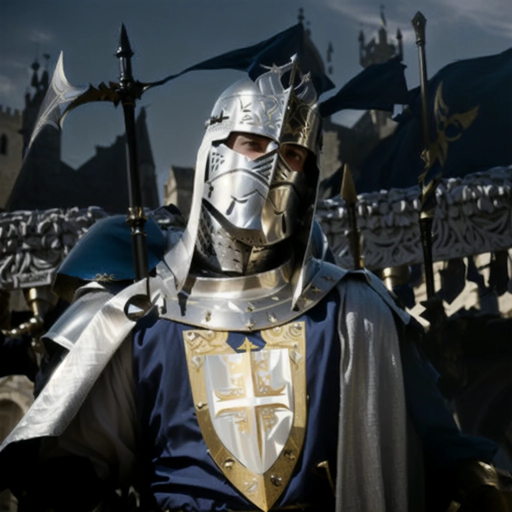 arafed knight in full armor, medieval crusader saint, Edward Norton as King Baldwin IV, medieval crusader saint, square-jawed in medieval clothing, paladin of light, medieval saint crusader knight, silver armor with gold ornaments and covered with white silk, shades clear, dramatic mask, dramatic light