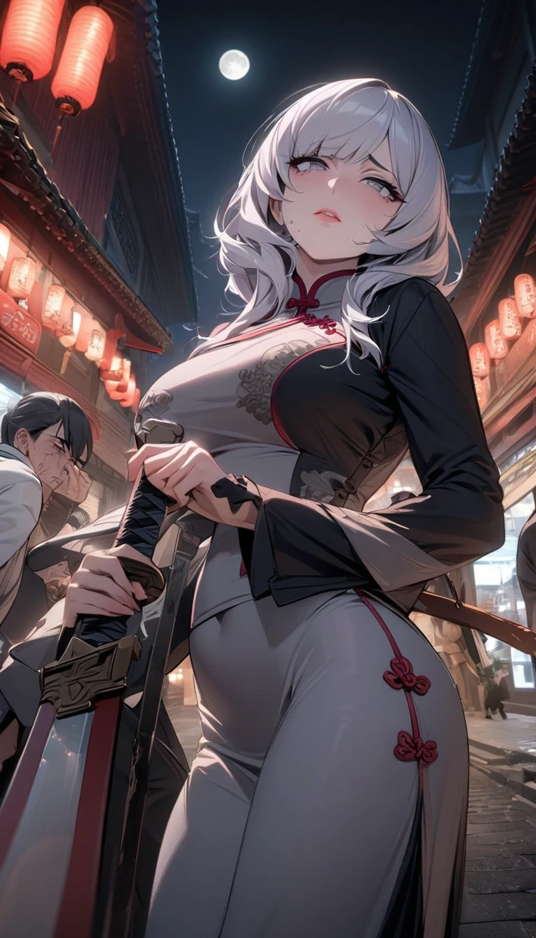 masterpiece, the best, night, full moon, 1 female, mature woman, Chinese style, China, Sister, Royal sister, cold face, Poker face, woman with long silver hair, light pink lips, calm, intellectuals, Three bangs, gray pupil, assassin, long sword, swordsman, struggle, street view, facial details,