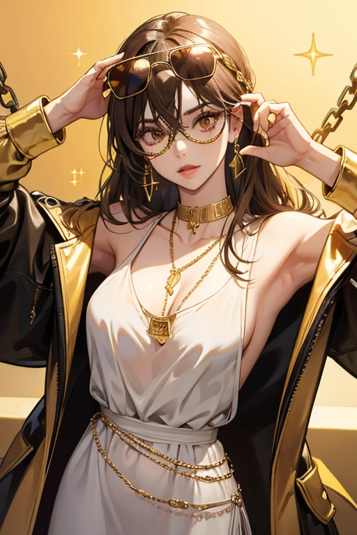 she has brown eyes with gold chained sunglasses and a gold money chain SPARKLE; GLITTER