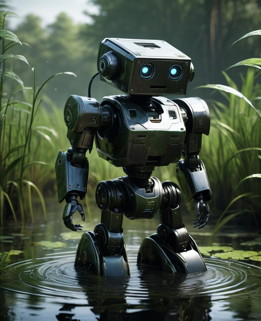 cinematic realism, a cute cube cyborg robot in the swamp, with a small spout on the lower center of the body that has black oil oozing out, the robot has a relaxed expression and smiles, emptying into swampy swamp waters, highy detailed, 16K, Fantasyart, octane rendering, Photoreal, --ar 1:2 --c 20 --s 1000 --q 5