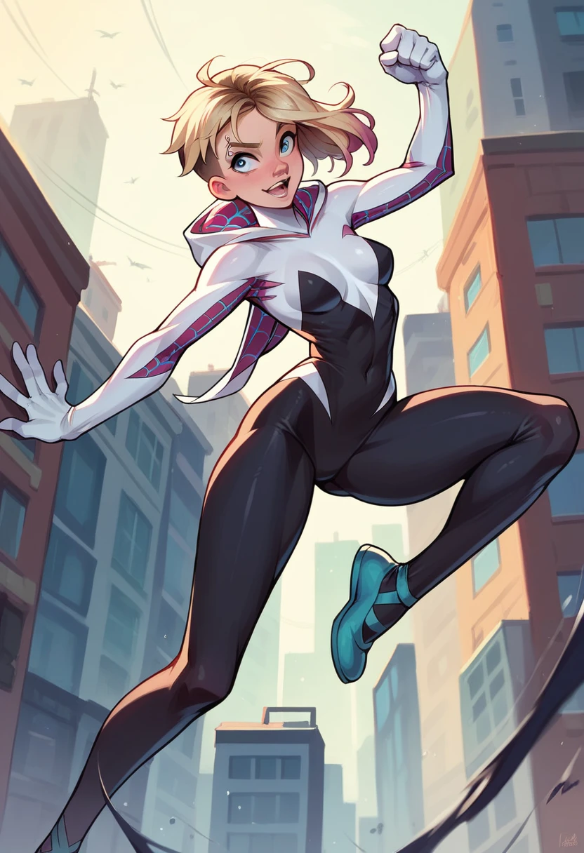 Spider Gwen naked swinging through the city 