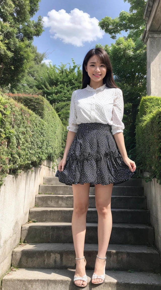 become close,Sharp lines,Highest quality, masterpiece、Overnight parking、Dark Light、Canon Photo Crystal Clear ,(Realistically:1.2), (Colorful polka dot mini skirt dress)、Action pose、Take a full body photo、smile、Gorgeous appearance、Semi-long layer cut、ancient ruins