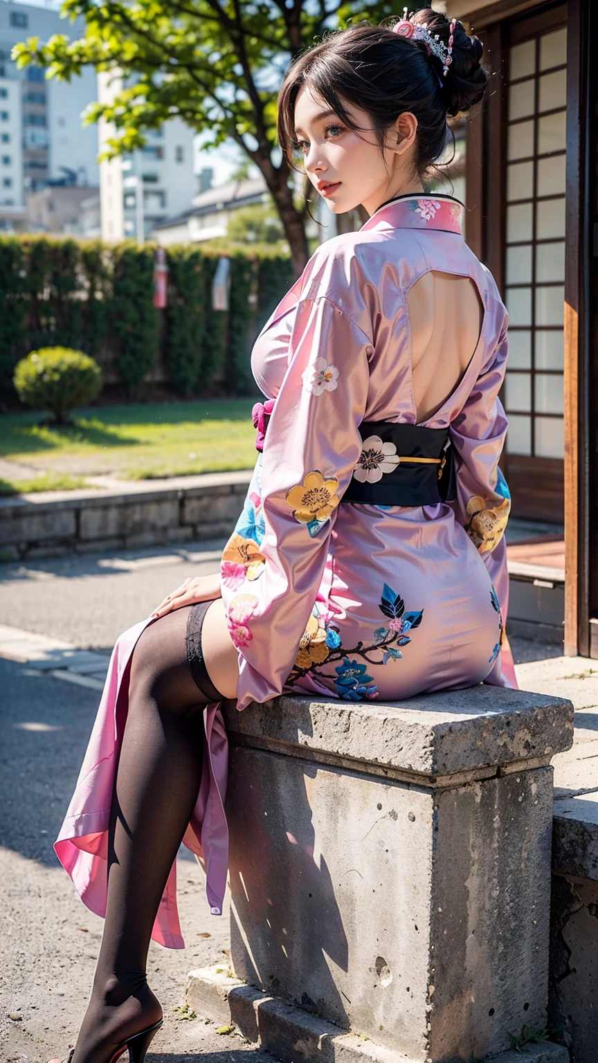 (8K, RAW photos, best quality, masterpiece:1.2), (realistic, photo-realistic:1.3)、((1 woman)), 20 year old Japanese woman with a beautiful face,hair is gray、Eye color is dark blue, smile, high definition face, Curly short hair, ((( She is sitting with her back turned, wearing a short bright pink embroidered kimono and band stockings..)), Sunny weather, clear and clean skin, (((slim body))), Vivid colors