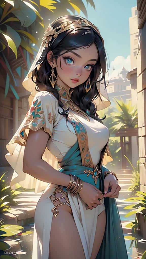 Persian warrior,1girl,
(large breasts:1.4),(((black hair))),(((aqua_eyes:1.3))),intricate eyes,beautiful detailed eyes,symmetrical eyes,((((tan,dark skin,black skin:1.35,dark-skinned_female,dark skin:1.3,ebony skin,lustrous skin:1.5,bright skin: 1.5,shiny skin,very shiny skin,shiny body)))),,(spider lower abdomen,narrow waist,wide hip,athletic body,inflated legs,thick thighs,(detailed face)),beautiful detailed lips,
cute,slutty,sensual,seductive look,seductive,((erotic)),opulent,sumptuous,((nsfw)),
(((Muslim woman in long turquoise dress with crystal decorations))), (((muscular body covered by a Hoyoverse style technical dress, veil covering the head))), (eyes with a lot of makeup), many jewelry and ornaments,earrings,(((eyeshadow,arabian makeup,eyelid makeup))),(((intricate outfit,embroidered outfit,ornate outfit,intricate cloth,embroidered cloth,ornate cloth))),
(dynamic pose:1.3), looking at viewer,embarrassed,centered,scale to fit dimensions,Rule of thirds,
outdoors,(Arab palace,Arab palace background,pyramids in the background),scenery,(oasis,oasis background),extremely scenery,(puddles everywhere,moss,moss on the background),clouds,Arab style,Arab castle,lily pads,palms,reeds,(sunset, golden hour),
(Glossy Arab ornaments),highres,sharp focus,(ultra detailed,extremely detailed),(photorealistic artwork:1.37),(extremely detailed CG unity 8k wallpaper),(((vibrant colors,vibrant theme))),(intricate),(masterpiece),(best quality),artistic photography,(photography taken by sldr),(intricate background),perfect rendered face,perfect face details,realistic face,photo realistic,((intricate detail)),(((realism))),