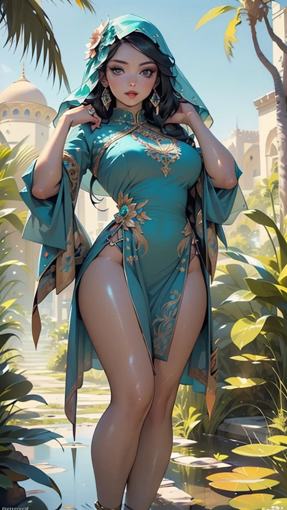 Persian warrior,1girl,
(large breasts:1.4),(((black hair))),(((aqua_eyes:1.3))),intricate eyes,beautiful detailed eyes,symmetrical eyes,((((tan,dark skin,black skin:1.35,dark-skinned_female,dark skin:1.3,ebony skin,lustrous skin:1.5,bright skin: 1.5,shiny skin,very shiny skin,shiny body)))),,(spider lower abdomen,narrow waist,wide hip,athletic body,inflated legs,thick thighs,(detailed face)),beautiful detailed lips,
cute,slutty,sensual,seductive look,seductive,((erotic)),opulent,sumptuous,((nsfw)),
(((Muslim woman in long turquoise dress with crystal decorations))), (((muscular body covered by a Hoyoverse style technical dress, veil covering the head))), (eyes with a lot of makeup), many jewelry and ornaments,earrings,(((eyeshadow,arabian makeup,eyelid makeup))),(((intricate outfit,embroidered outfit,ornate outfit,intricate cloth,embroidered cloth,ornate cloth))),
(dynamic pose:1.3), looking at viewer,embarrassed,centered,scale to fit dimensions,Rule of thirds,
outdoors,(Arab palace,Arab palace background,pyramids in the background),scenery,(oasis,oasis background),extremely scenery,(puddles everywhere,moss,moss on the background),clouds,Arab style,Arab castle,lily pads,palms,reeds,(sunset, golden hour),
(Glossy Arab ornaments),highres,sharp focus,(ultra detailed,extremely detailed),(photorealistic artwork:1.37),(extremely detailed CG unity 8k wallpaper),(((vibrant colors,vibrant theme))),(intricate),(masterpiece),(best quality),artistic photography,(photography taken by sldr),(intricate background),perfect rendered face,perfect face details,realistic face,photo realistic,((intricate detail)),(((realism))),
