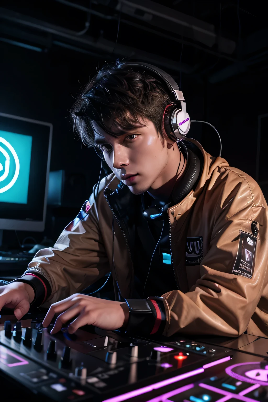 DJ with pioneer headphones around his neck with DJ table and neon lighting