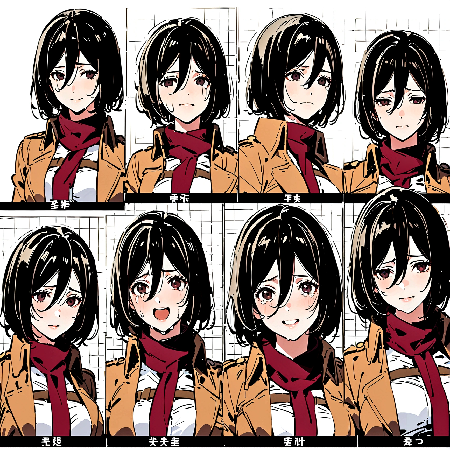 Mikasa Ackerman,Off-white background,Facial expression expressions,the same person,4 facial expressions,grid,Smile,cry,Shy,surprise,Fear, Brown military uniform, red scarf, best quality,masterpiece,Very detailed,Very detailed,8K