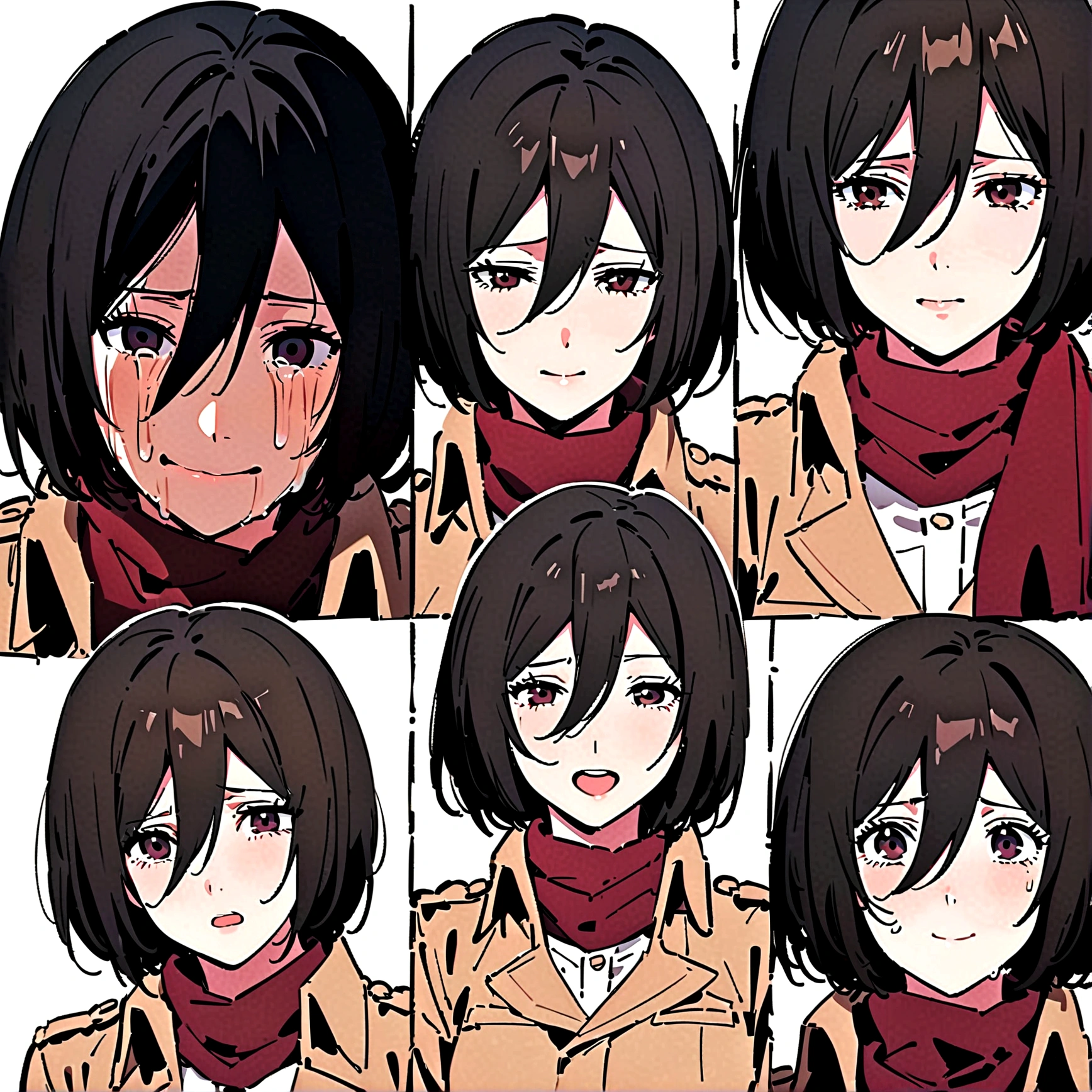 Mikasa Ackerman,Off-white background,Facial expression expressions,the same person,4 facial expressions,grid,Smile,cry,Shy,surprise,Fear, Brown military uniform, red scarf, best quality,masterpiece,Very detailed,Very detailed,8K