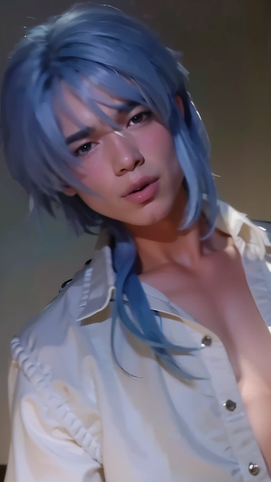 Close-up of people with blue hair and shirts, teenage girl with blue hair and white shirt, Ayato Kamisato, anime cosplay, Trust Ayato, nice boy, muscular boy, work of art, texturized skin, High details, best qualityer, high resolution, 4K, Thick eyebrows, Thick eyebrows, thin eyes, high nose bridge, Adam's apple, blue colored eyes, homosexual, sem beard, Caucasian skin, textured hair, big mouth, thick lips ,kissing tele sexually.