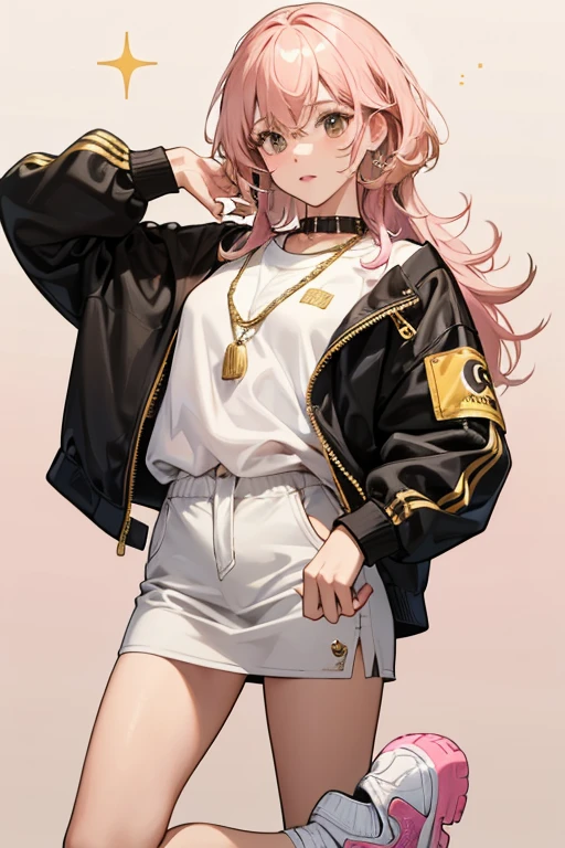 D.J. K9 is a girl St. Bernard with light pink hair in a small swirl. She has brown eyes, and white, medium brown, and dark brown fur. She has a gold chain around her neck and gold slip-on trainers. SPARKLE; GLITTER