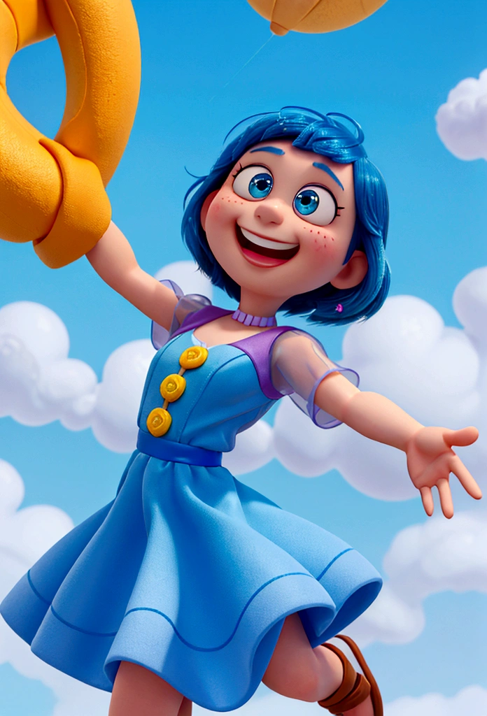 Based on the characters from Inside Out 2, create Joy: A PNG of Joy in her iconic blue dress, a radiant smile, and sparkling eyes, conveying joy and positivity. Background: A clear blue sky with fluffy white clouds, symbolizing happiness and positivity.