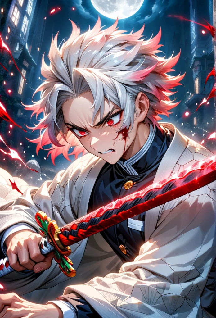 Ultra detailed, highres, absurdres, HDR, master piece, anime men, pretty boy, white hair with one red streaks, expressive red eyes, white haori, black demon slayer uniform, Kimetsu No Yaiba, fantasy, golden details, white flowers, handsome, sexy men grabbing a sword, solo, magic, shining golden details, white moon, best quality, extremely detailed face and eyes, blood, grabbing a sword, fighting, deep and calm face expression
