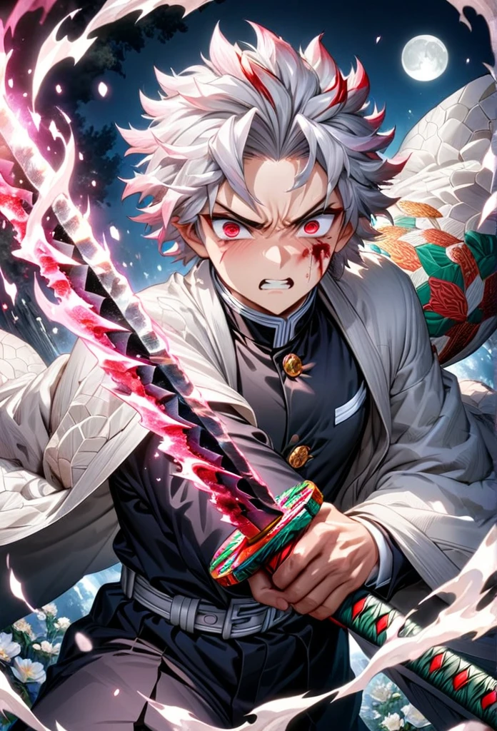 Ultra detailed, highres, absurdres, HDR, master piece, anime men, pretty boy, white hair with one red streaks, expressive red eyes, white haori, black demon slayer uniform, Kimetsu No Yaiba, fantasy, golden details, white flowers, handsome, sexy men grabbing a sword, solo, magic, shining golden details, white moon, best quality, extremely detailed face and eyes, blood, grabbing a sword, fighting, deep and calm face expression