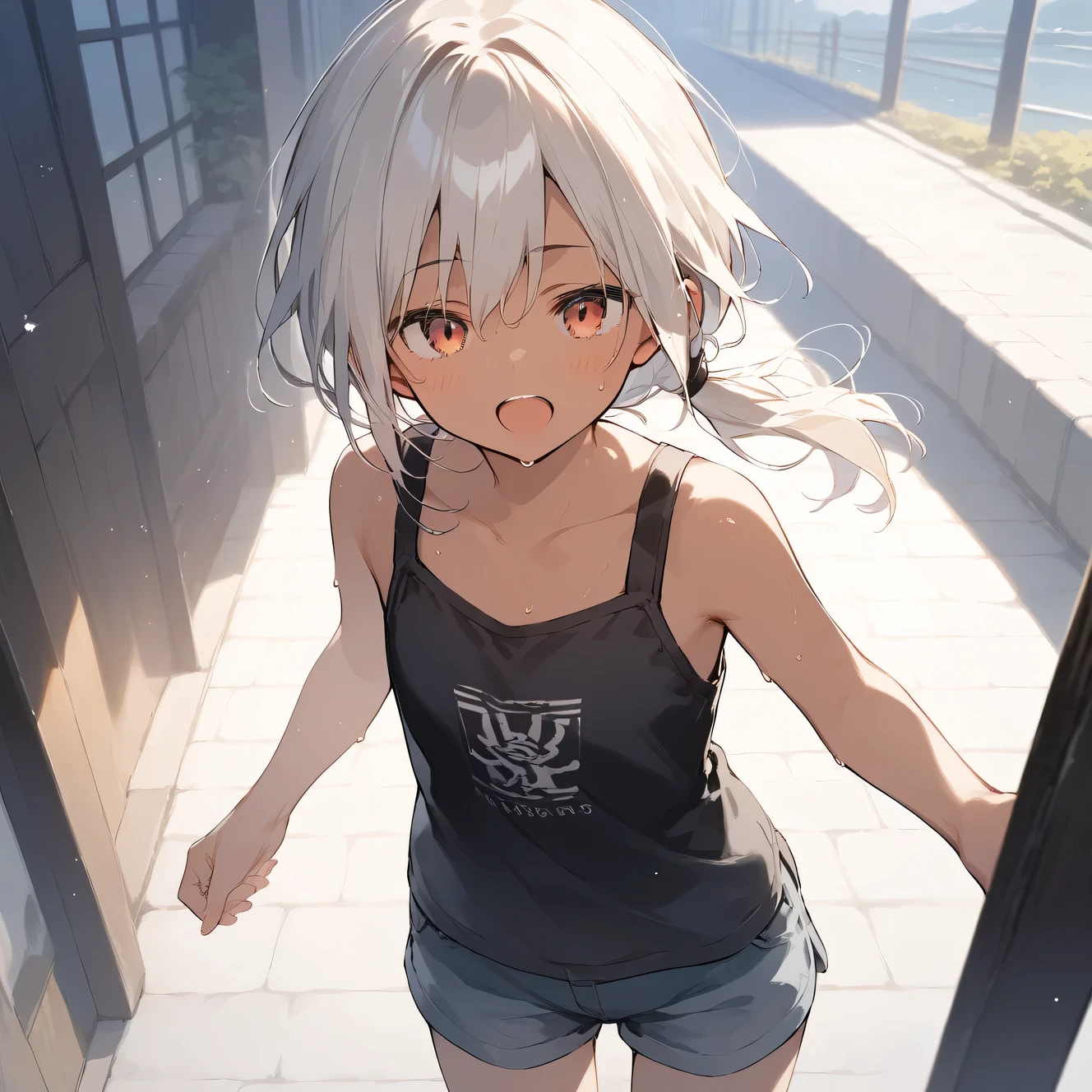 score_9, score_8_up, score_7_up, source_anime, best quality, masterpiece, official art, absurdres, highres, ultra-detailed,waifu2x,Collection: Slice of Life,break,1girl, tomboy, dark-skinned female, short hair, low ponytail, flat chest, beautiful detailed eyes, short shorts, sweat, open mouth, (yawn:0.3), sleepily, outdoors, wind, break,(clear line illustration:1.2),very high resolution, very aesthetic, super detailed skin, Best sexual lighting powered by famous artist, 8k,cute picture,beauty illustration,photoshop_(medium),,(Detailed Lighting),best anime 8k konachan wallpaper, pixiv contest winner,