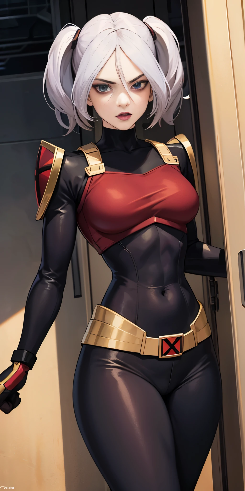 highly detailed, best quality, photography, Rogue from X-men, absurdness, beautiful face (detailed eyes, deep eyes) 1woman, brown and white hair, twin tails, magenta eyes, short, wide hips, curvy, toned muscles (n7armor) inside a spaceship