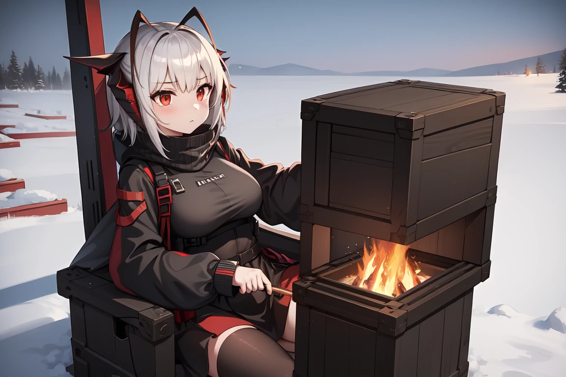 1girl, w_arknights, black clothes red parts, tall, teenager, sitting on steel boxes, snowy plains, campfire, snow