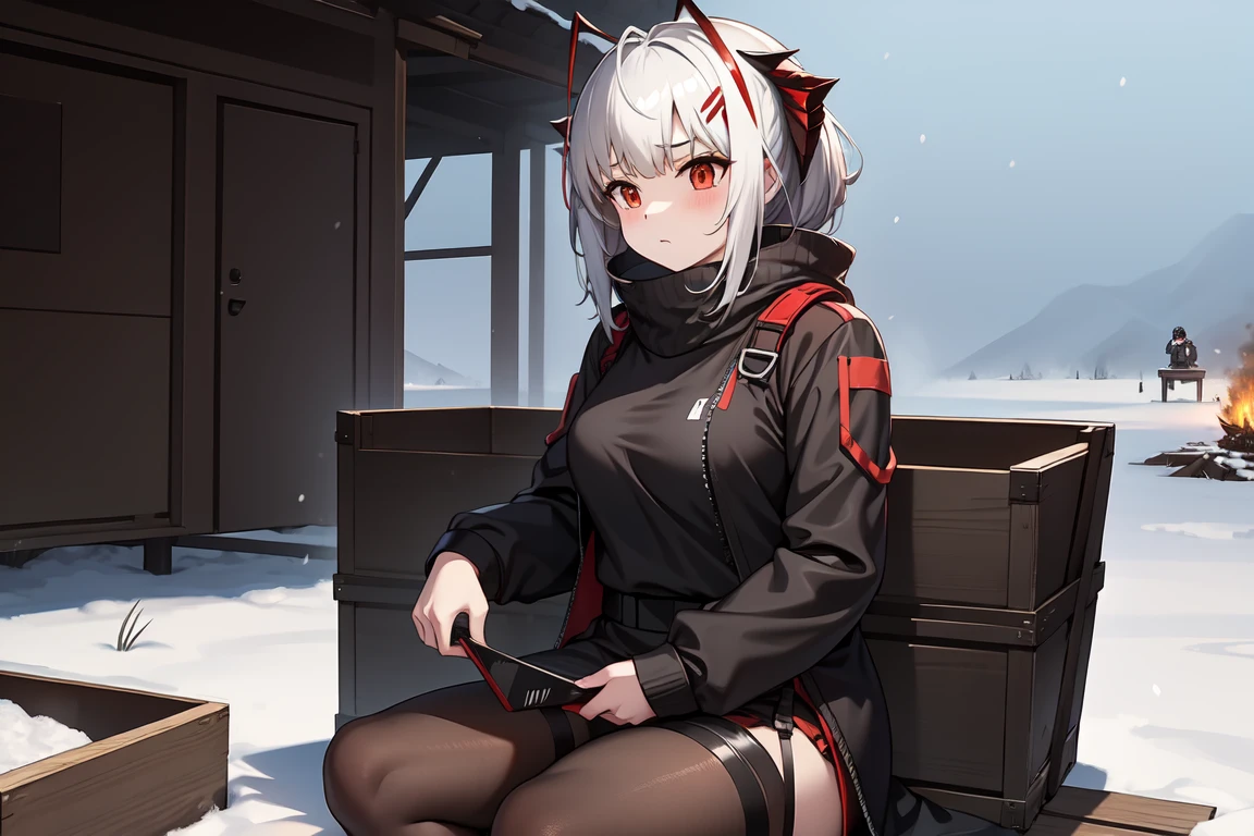 1girl, w_arknights, black clothes red parts, tall, ager, sitting on crates, snowy plains, campfire, snow