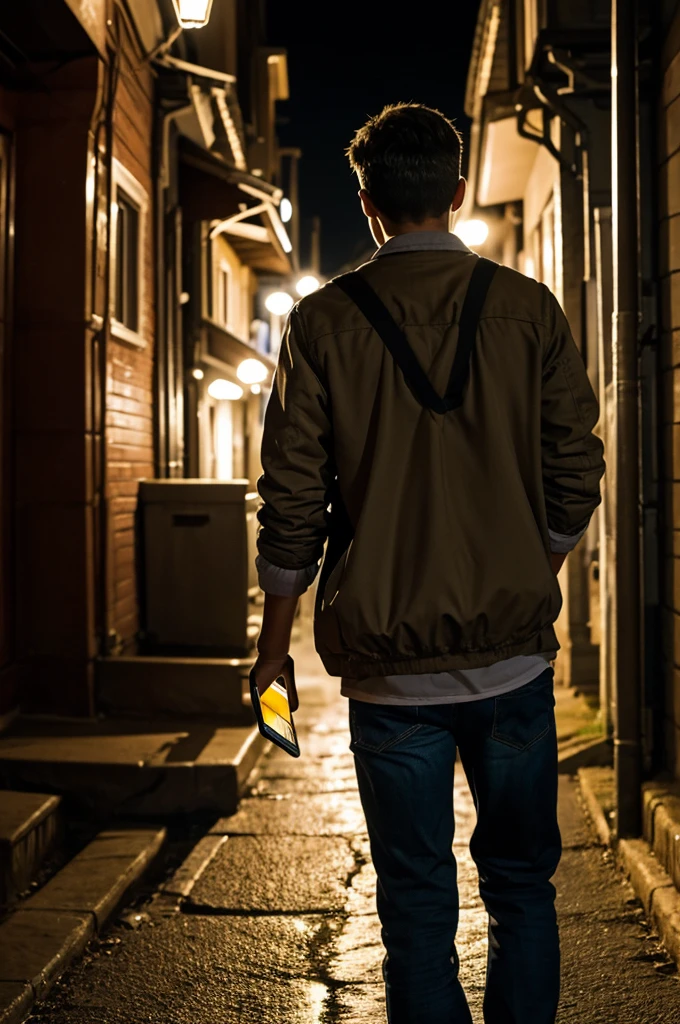 Draw me a teenager going home looking at his cell phone but from behind I have been followed by a man in the middle of the night