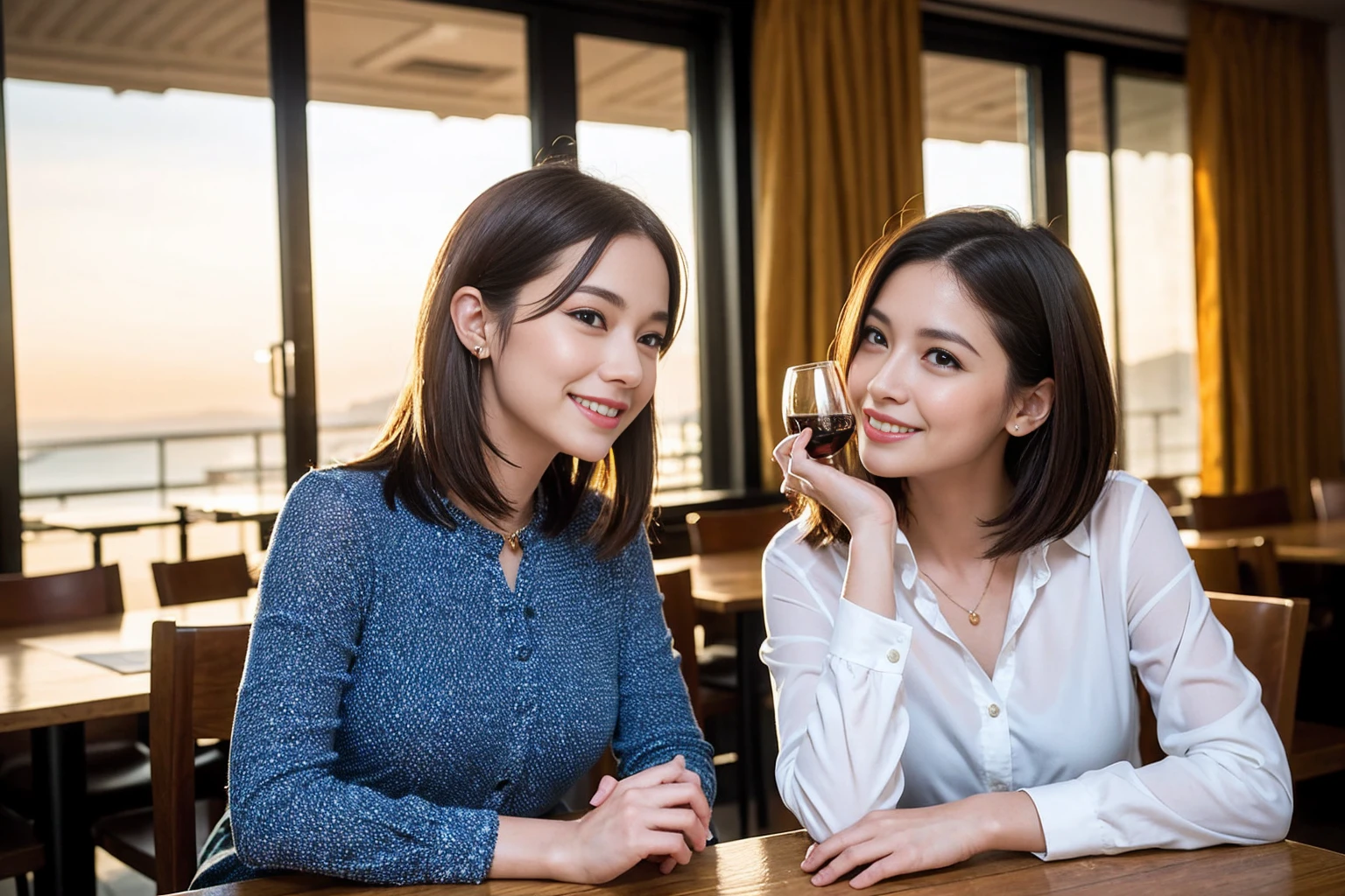 ((Highest quality、8K,masterpiece:1.3))、1 male 1 female、Slim lover、Rei Dan、Beautiful couple、smile、full-course dinner、 (Slim face), (the body is スリム), (Brown Hair), (Shortcuts), ((Bob Hale、Straight hair:1.2)), テーブルの上のwine glass、Shine light on your face、 Amazing view of the sunset sky and clouds、smileの美しさ、Bright image、Blushing, Shortcuts, (43 years old), 39 years old, Appetizers、Italian food、Wine bottle、Champagne、sparkling wine、Long sleeve shirt、dress、Attractive beauty、restaurant, Nova Frog Style, actress, model, Upper Body, White wine, red wine, wine glass,