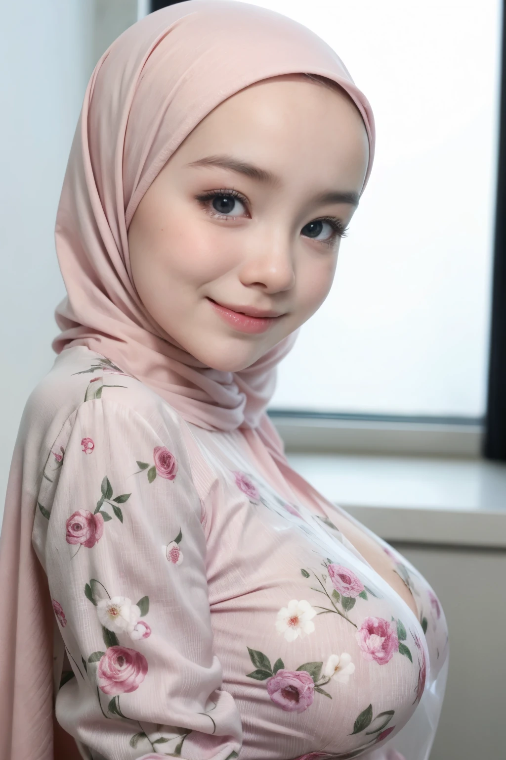 Chubby adorable, 1 girl, (face to face), , baby face, happy, half body portrait, (face details: 1), (eye details: 1), ((big breasts)). wearing transparent transparency softpink long shirt, hijab, .. Cute posed. proportional body. Ultra High Res. realistic: 1.4, UHD, (floral pattern), view from side seductive pose