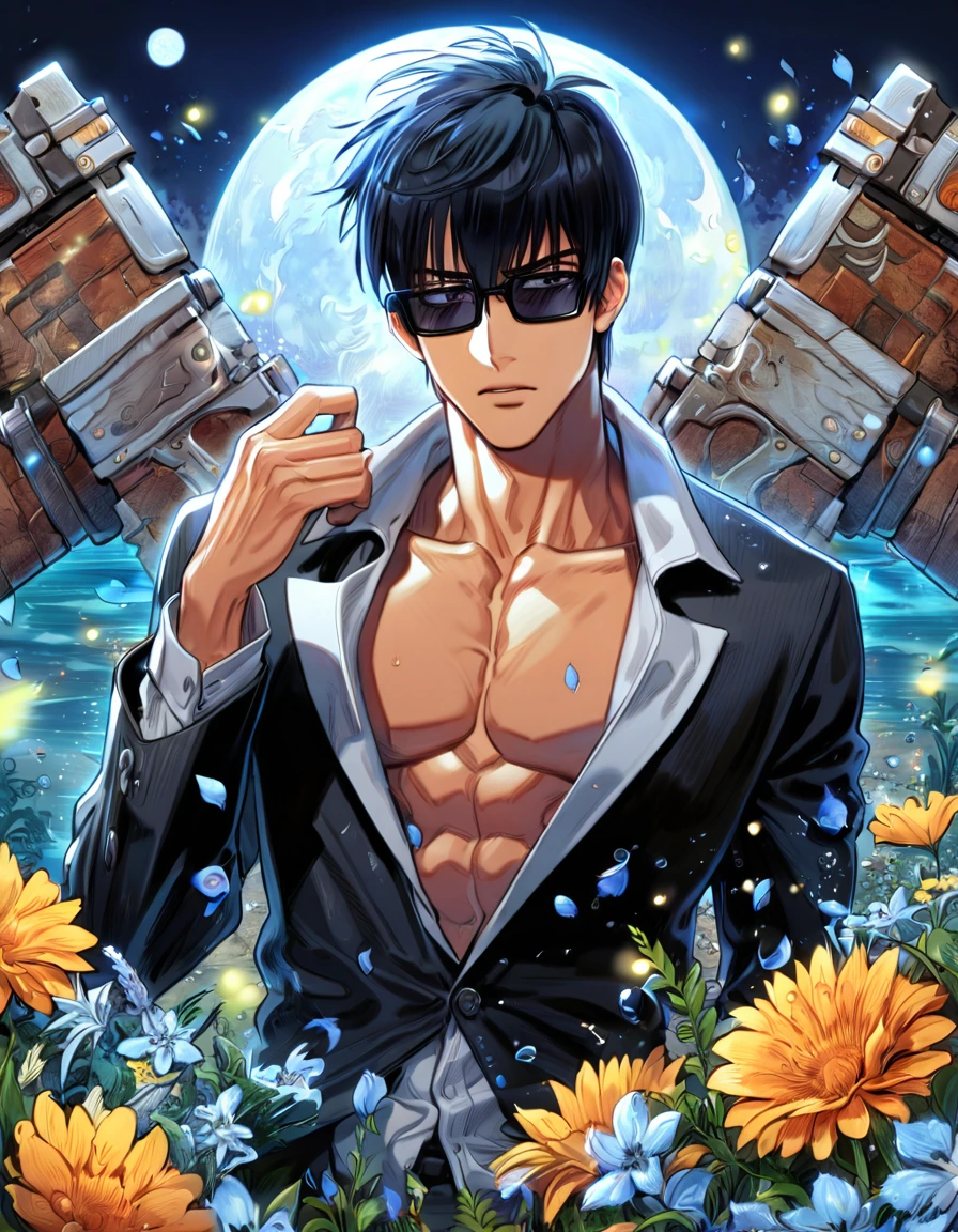 absurdres, highres, ultra detailed, HDR, master piece, Nicholas D. Wolfwood, black hair with bangs, expressive grey eyes, black sunglasses, black jacket, Trigun, sexy man, handsome, best quality, blue moon, flowers, fantasy, magical, solo, water, blue shining fireflies, grey shirt, blue petals, toned chest