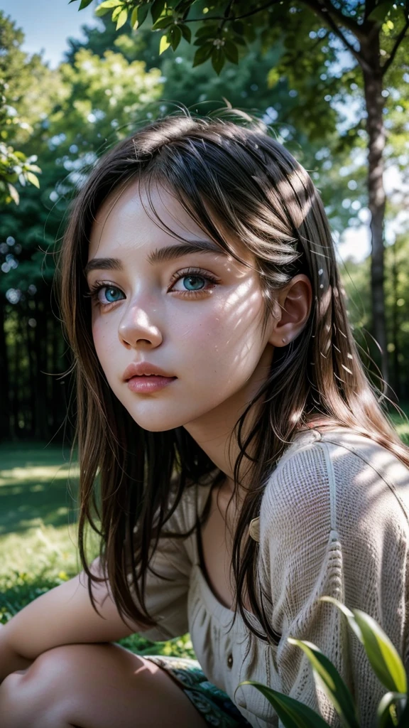 A girl with beautiful detailed eyes, beautiful detailed lips, extremely detailed eyes and face, long eyelashes, sitting on a grassy field, sunlight filtering through trees, vibrant colors, serene landscape, cinematic lighting, photorealistic, 8k, high quality, masterpiece