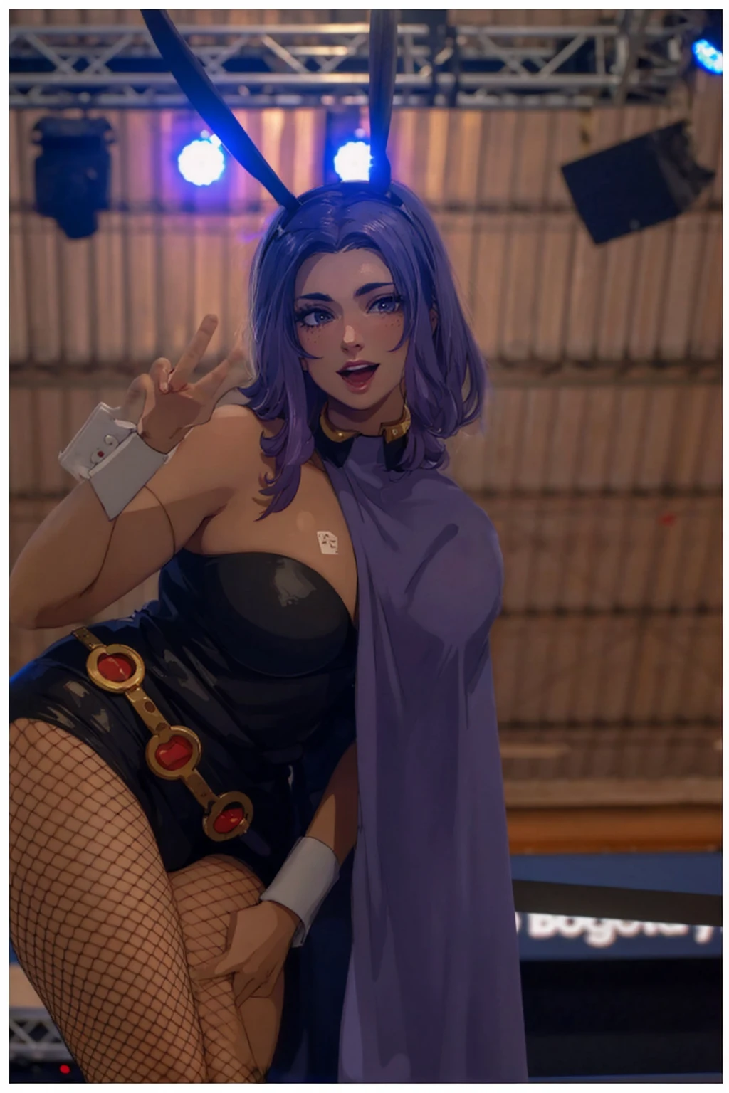 masterpiece, full body, 8k, ultra high definition, high quality, a young girl wearing a sexy outfit, fake bunny ears, purple fake hair, v sign with her fingers
