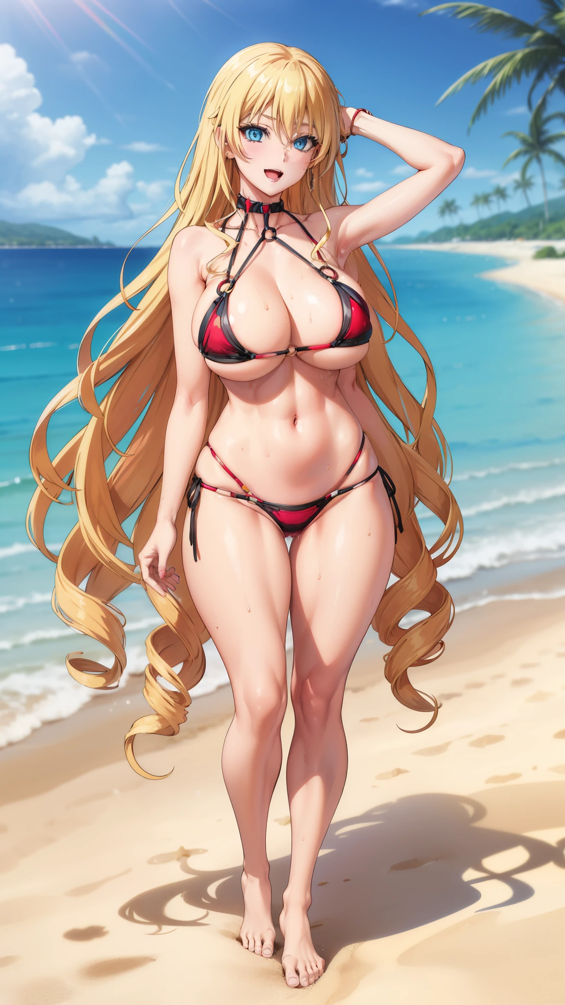 blue eyes,very long hair, huge cleavage,,blonde hair,sweat,girl,,wide hips,open mouth,smile,,view viewer,,,narrow waist,, eyelashes, eyeshadow, lips,, 8k, hdr, raytracing,full body,young face,beach,o-ring bikini,o-ring top,red highleg bikini,strapless