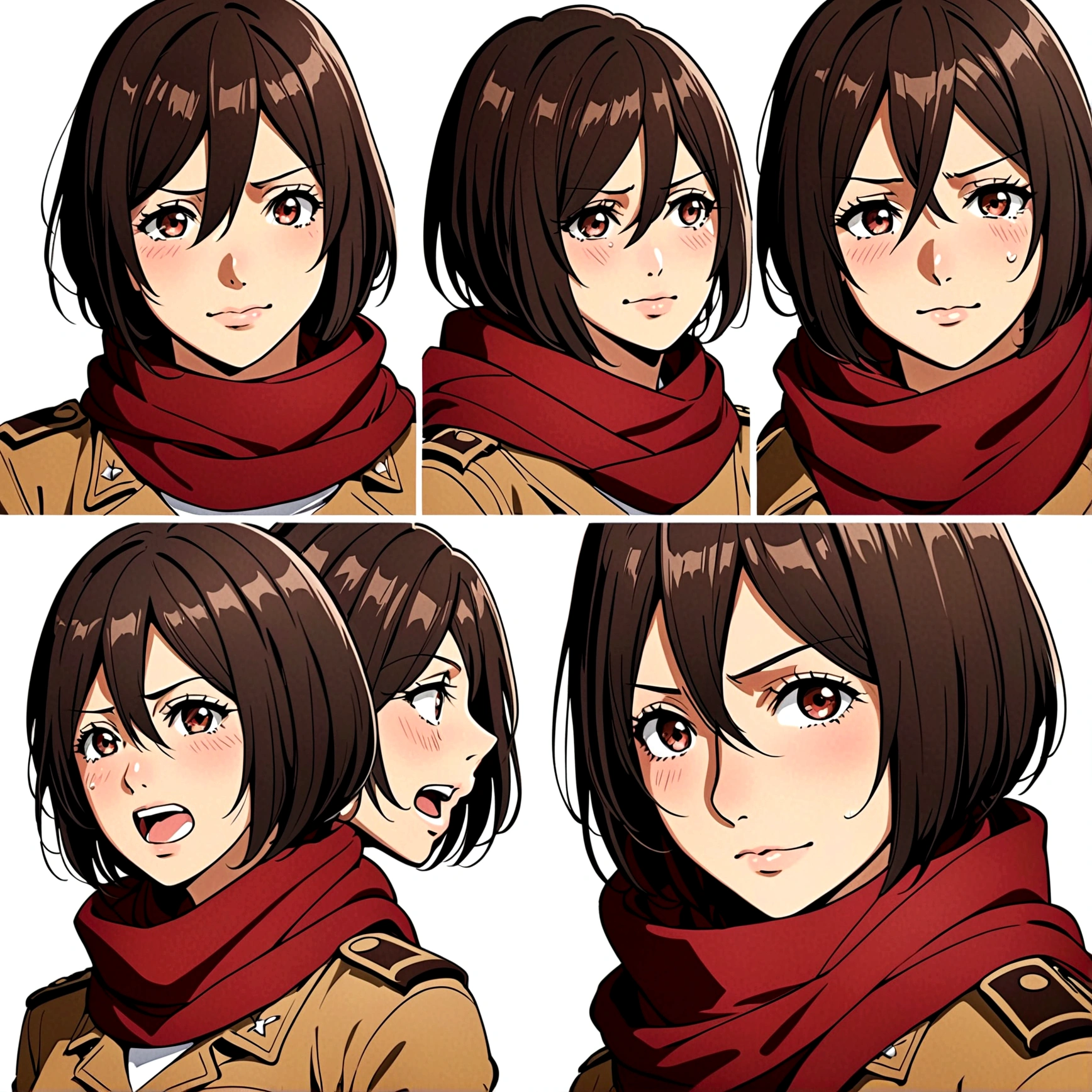 Mikasa Ackerman,Off-white background,Facial expression expressions,the same person,4 facial expressions,grid,Smile,cry,Shy,surprise,Fear, Brown military uniform, red scarf, best quality,masterpiece,Very detailed,8K