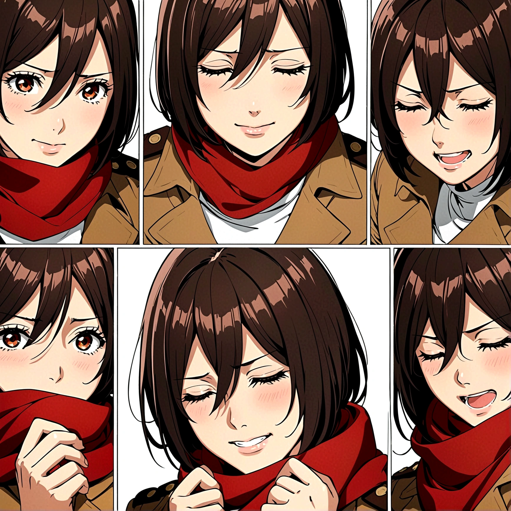 Mikasa Ackerman,Off-white background,Facial expression expressions,the same person,4 facial expressions,grid,Smile,cry,Shy,surprise,Fear, Brown military uniform, red scarf, best quality,masterpiece,Very detailed,8K