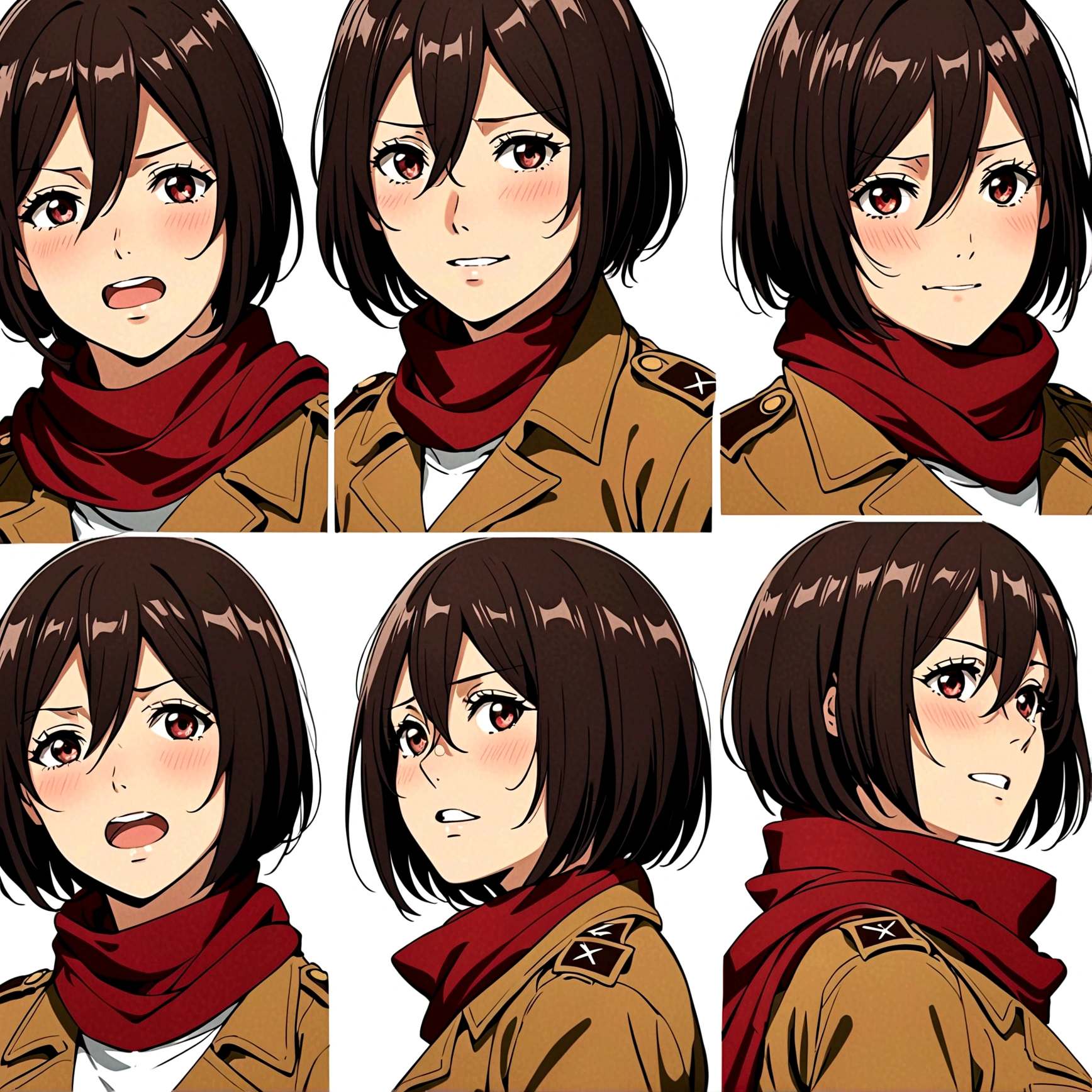 Mikasa Ackerman,Off-white background,Facial expression expressions,the same person,4 facial expressions,grid,Smile,cry,Shy,surprise,Fear, Brown military uniform, red scarf, best quality,masterpiece,Very detailed,8K