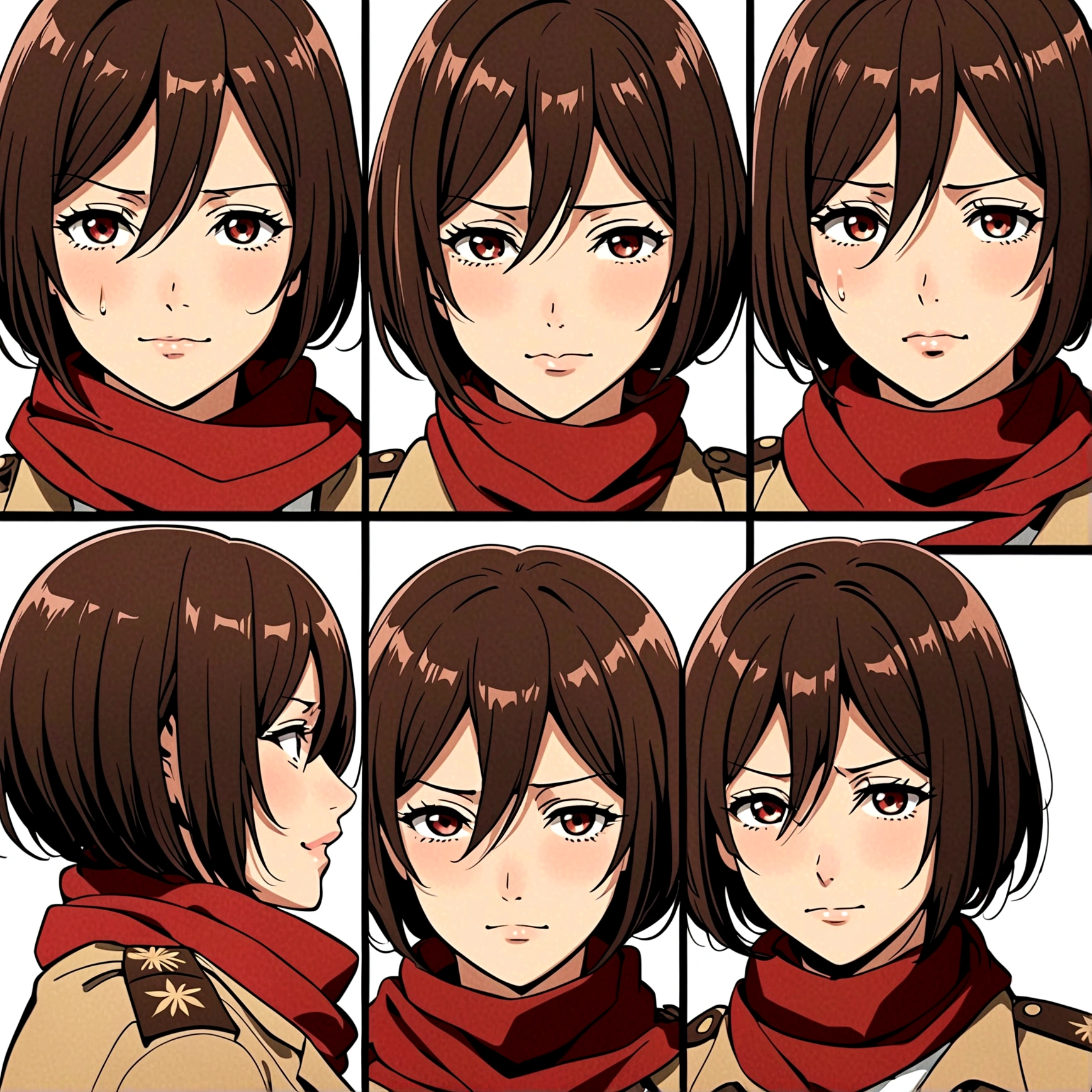 Mikasa Ackerman,Off-white background,Facial expression expressions,the same person,4 facial expressions,grid,Smile,cry,Shy,surprise,Fear, Brown military uniform, red scarf, best quality,masterpiece,Very detailed,8K