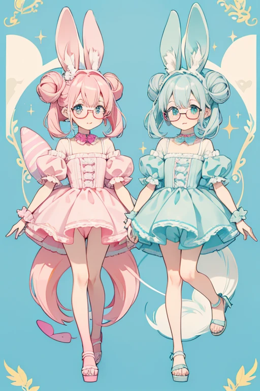 Hop Hop is a gray girl eastern cottontail with some white, a pink nose and a pink tail . She has pastel blue bangs, worn up in two buns, one pink and one yellow. Comes with white rimmed glasses and blue and pink sandals, and a light blue collar with a blue seashell on it. SPARKLE; GLITTER
