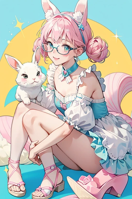 Hop Hop is a gray girl eastern cottontail with some white, a pink nose and a pink tail . She has pastel blue bangs, worn up in two buns, one pink and one yellow. Comes with white rimmed glasses and blue and pink sandals, and a light blue collar with a blue seashell on it. SPARKLE; GLITTER